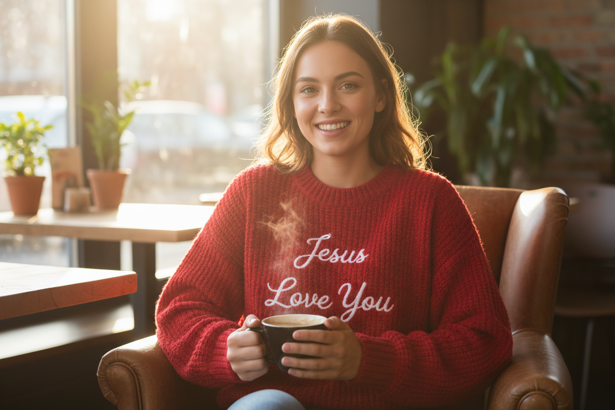 A beautiful girl wearing Jesus Love You red sweater