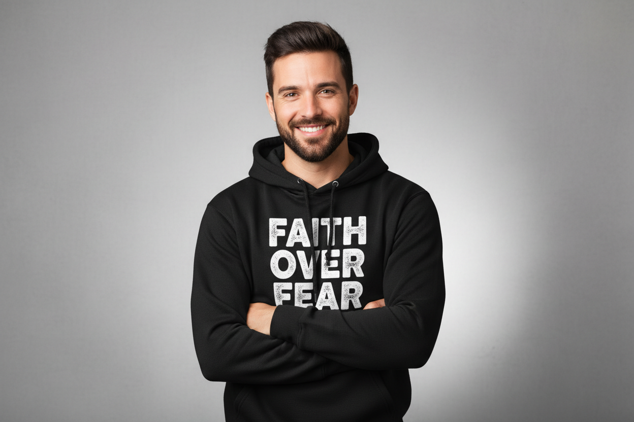 A hansome man wearing faith over fear Black hoodie