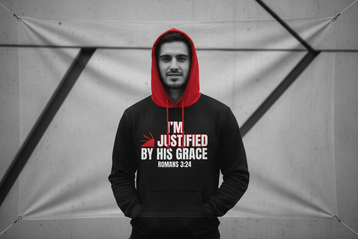 Create a banner that showing a handsome men black and white wearing a black  and red hoodie that says “I’m Justified by His Grace” Romans 3:24