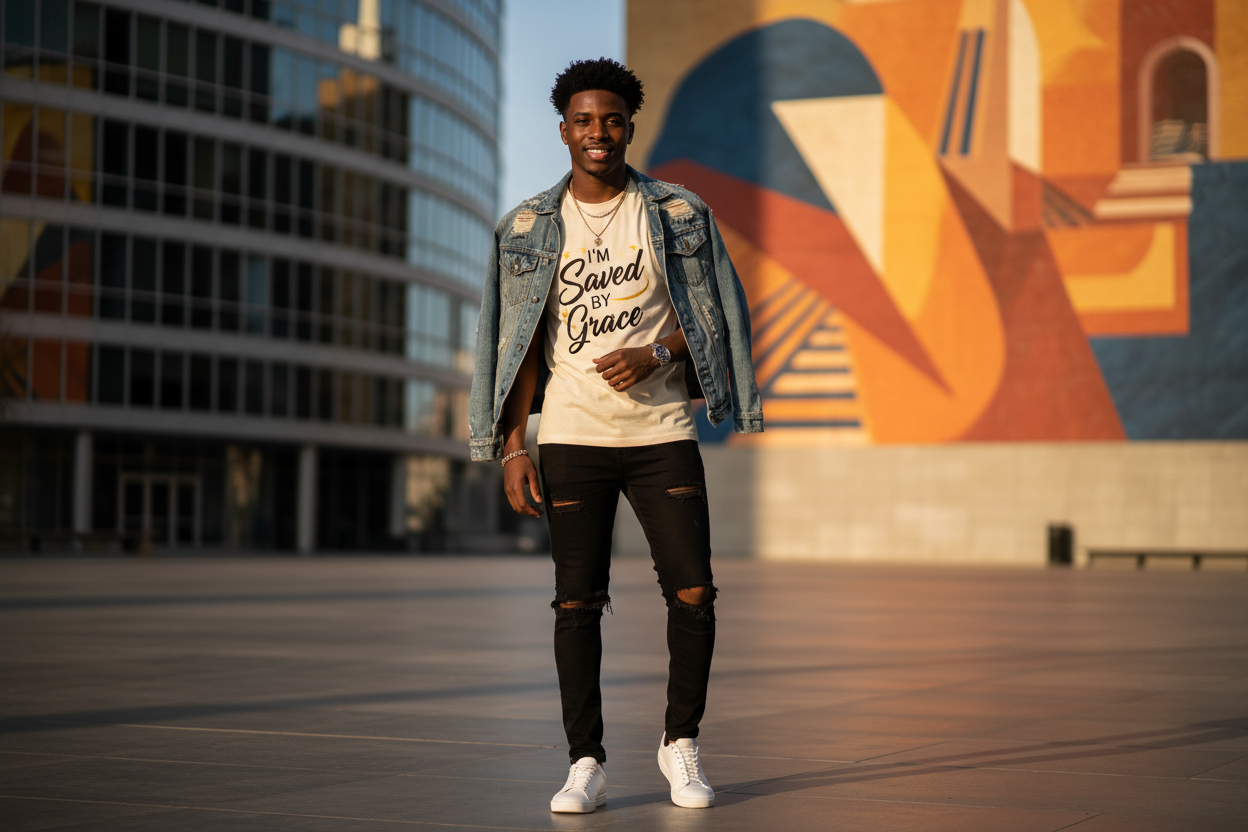 create an image of a handsome black boy wearing I'm Saved By Grace with a nice background. I want to use this for my online clothing store site as a banner 